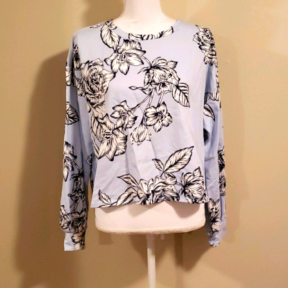 Blue Floral Balloon Sleeve Sweatshirt